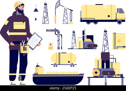Oilman. Environnement industriel pétrolier, technologie pétrolière. Ouvrier d'usine, navire-citerne, tuyaux et barils. Icônes vectorielles de l'industrie de raffinerie. Illustration carburant pétrolier, camion-citerne de transport de pompe à huile. Oilman. Environnement industriel pétrolier, technologie pétrolière. Ouvrier d'usine, navire-citerne, tuyaux et barils. Icônes vectorielles de l'industrie de raffinerie Illustration de Vecteur