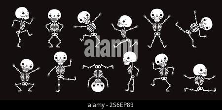 Squelettes dansants. Danseurs squelettes mignons d'halloween, ensemble isolé de vecteur de personnages d'horreur drôle. Illustration squelette partie halloween, personnage os humain. Squelettes dansants. Danseurs squelettes mignons d'halloween, ensemble isolé de vecteur de personnages d'horreur drôle Illustration de Vecteur
