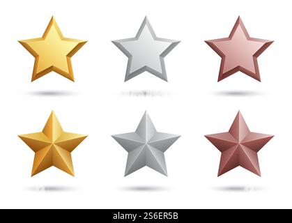 Étoiles réalistes. Étoiles en bronze argenté doré isolées sur fond blanc. Eléments métalliques vectoriels 3D. Illustration étoile d'argent et d'or, prix de bronze. Étoiles réalistes. Étoiles en bronze argenté doré isolées sur fond blanc. Eléments métalliques vectoriels 3D. Illustration de Vecteur