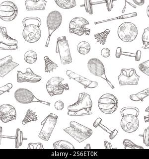 Modèle sans couture pour équipement de sport. Basket-ball et baseball, volant et casque de football, raquette de tennis et texture vectorielle de batte. Basket-ball et football sport, football et baseball illustration. Modèle sans couture pour équipement de sport. Basket-ball et baseball, volant et casque de football, raquette de tennis et texture vectorielle de batte Illustration de Vecteur