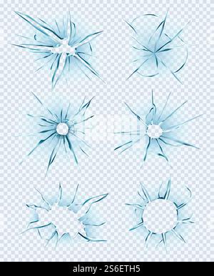 Vitre endommagée. Trous de fenêtre de crash cassés verres transparents destruction glace texture éclatée vecteur image réaliste isolé. Illustration trou de destruction, vandalisme brisé. Vitre endommagée. Trous de fenêtre de crash cassés verres transparents destruction glace texture éclatée vecteur image réaliste isolé Illustration de Vecteur