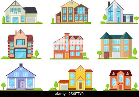 Maisons de banlieue. Maison familiale, chalet de village. Éléments architecturaux extérieurs, extérieur des bâtiments modernes. Ensemble vectoriel plat de chalet de maison, illustration résidentielle de banlieue. Maisons de banlieue. Maison familiale, chalet de village. Éléments architecturaux extérieurs, extérieur des bâtiments modernes. Ensemble de vecteurs plats Illustration de Vecteur