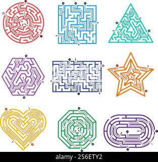 Labyrinthe de gibier. Labyrinthes chemin avec diverses portes d'entrée et sorties de formes vectorielles. Défi labyrinthe de jeu d'illustration, labyrinthe de tâche. Labyrinthe de gibier. Labyrinthes chemin avec diverses portes d'entrée et sorties de formes vectorielles Illustration de Vecteur