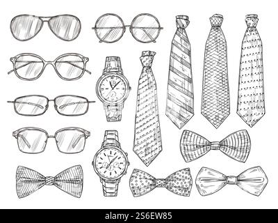 Accessoires pour homme esquissés. Lunettes, montres et cravates pour hommes et noeud papillon. Ensemble de vecteur de gravure vintage. Illustration croquis homme noeud papillon, lunettes de collection. Accessoires pour homme esquissés. Lunettes, montres et cravates pour hommes et noeud papillon. Ensemble de vecteur de gravure vintage Illustration de Vecteur