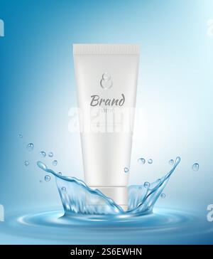 Publicités cosmétiques. Le liquide d'eau éclaboussure des gouttes avec des tubes ou des bouteilles cosmétiques pour la beauté femme soin de la peau élégant affiche vectorielle réaliste. Publicité liquide cosmétique, illustration de crème de lotion de tube. Publicités cosmétiques. Le liquide d'eau éclaboussure des gouttes avec des tubes ou des bouteilles cosmétiques pour la beauté femme soin de la peau élégant affiche vectorielle réaliste Illustration de Vecteur