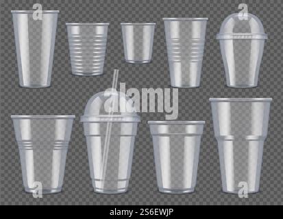 Récipient en matière plastique. Tasses transparentes et tasses pour les boissons sac alimentaire pour le jus et le vecteur de café 3d maquette réaliste. Illustration tasse en plastique pour café et thé ou autre liquide. Récipient en matière plastique. Tasses transparentes et tasses pour les boissons sac alimentaire pour le jus et le vecteur de café 3d maquette réaliste Illustration de Vecteur