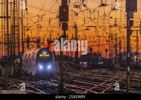 Tablier de voie avec trains, rails, aiguillages, pylônes et systèmes de signalisation. Infrastructure à la gare principale. Coucher de soleil. Francfort-sur-le-main, Hesse, Allemagne, Banque D'Images