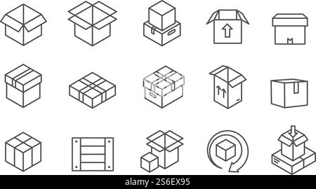 Icônes de ligne encadrée. Boîtes en carton, emballage postal avec flèches. Caisse de livraison ou cargaison, colis de produit. Jeu de signes vectoriels d'interface d'expédition. Paquet de carton et colis, illustration de cargaison de transport. Icônes de ligne encadrée. Boîtes en carton, emballage postal avec flèches. Caisse de livraison ou cargaison, colis de produit. Jeu de signes vectoriels d'interface d'expédition Illustration de Vecteur