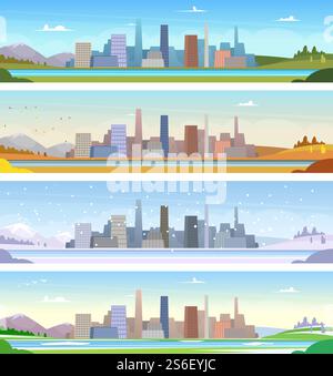 Quatre saisons. Climat de paysage urbain de l'été hiver printemps et automne illustrations de dessin animé vectoriel. Ville d'été et d'hiver, paysage de ville de printemps et d'automne. Quatre saisons. Climat de paysage urbain de l'été hiver printemps et automne illustrations de dessin animé vectoriel Illustration de Vecteur
