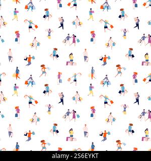 Acheter des motifs transparents. Des gens heureux avec des sacs à provisions et des cadeaux de fond. Personnages de clients plats. Illustration de modèle de femme et d'homme de shopping. Acheter des motifs transparents. Des gens heureux avec des sacs à provisions et des cadeaux de fond. Personnages de clients plats Illustration de Vecteur