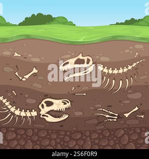 Archéologie des os. Ossements souterrains de dinosaures couches de sol enterrées argileuses illustration de dessin animé vectoriel. Squelette de dinosaure dans la terre, crâne antique. Archéologie des os. Ossements souterrains de dinosaures couches de sol enterrées argileuses illustration de dessin animé vectoriel Illustration de Vecteur
