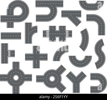 Eléments de route. Rues et routes avec sentiers pédestres et carrefour pour la carte de la ville. Jeu de vecteurs de vue de dessus de navigation Speedway. Autoroute, circuit de circulation planifié, illustration de rue carrefour. Eléments de route. Rues et routes avec sentiers pédestres et carrefour pour la carte de la ville. Jeu de vecteurs de vue de dessus de navigation Speedway Illustration de Vecteur