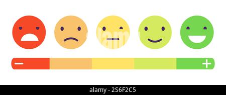 Échelle d'émotion du feedback. Concept de vecteur de commentaires des clients. Mesure de l'état des recommandations d'approbation des avis d'évaluation. Réaction de rétroaction d'opinion, illustration d'échelle positive emoji. Échelle d'émotion du feedback. Concept de vecteur de commentaires des clients. Mesure de l'état des recommandations d'approbation des avis d'évaluation Illustration de Vecteur
