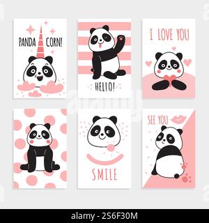 Cartes Panda. Ours chinois mignons, panda heureux avec des accessoires magiques, invitations de fête d'anniversaire. Ensemble vectoriel de dessin animé d'impression coloré. Personnage de Panda sur la carte , ours mammifère drôle illustration. Cartes Panda. Ours chinois mignons, panda heureux avec des accessoires magiques, invitations de fête d'anniversaire. Ensemble vectoriel de dessin animé d'impression coloré Illustration de Vecteur