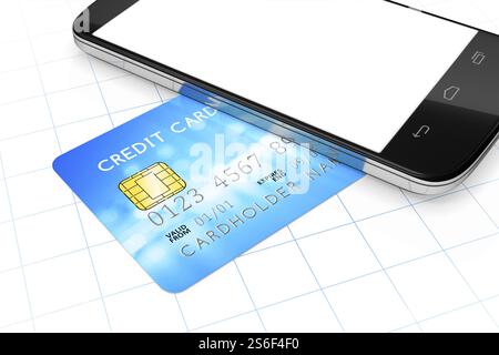 Le rendu 3D d'un smartphone et d'une carte de crédit pour le paiement mobile Banque D'Images