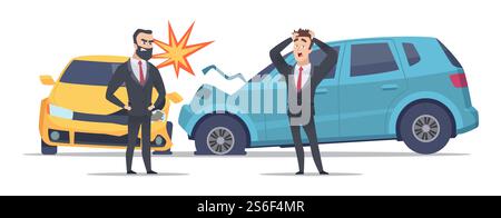 Accident de voiture. Voitures endommagées en colère les hommes effrayés. Personnages vectoriels d'hommes d'affaires et voitures écrasées. Illustration de dommages automobiles et de collision sur accident de la route. Accident de voiture. Voitures endommagées en colère les hommes effrayés. Personnages vectoriels d'hommes d'affaires et voitures écrasées Illustration de Vecteur