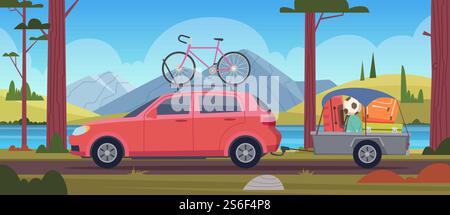 Vacances Road trip. Famille de voyageurs en voiture avec fond de dessin animé vectoriel de minivan d'aventure de bagages. Voiture de voyage d'illustration avec bagages, transport en minibus d'aventure. Vacances Road trip. Famille de voyageurs en voiture avec fond de dessin animé vectoriel de minivan d'aventure de bagages Illustration de Vecteur