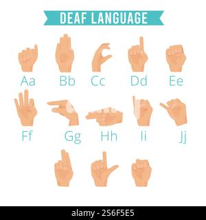 Langue des mains. Sourd gestes humains alphabet emoji de mains doigts de paume pointant tenir des illustrations vectorielles ensemble. Main de langage sourd, geste de doigt pour communiquer. Langue des mains. Sourd gestes humains alphabet emoji de mains doigts de paume pointant tenir des illustrations vectorielles ensemble Illustration de Vecteur