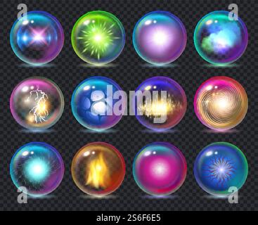 Boules magiques. Effet nature magicien dans des sphères globe transparentes en cristal avec flamme Frozy flashs vectoriel modèle réaliste. Boule de décoration réaliste magique, illustration de sphère de verre d'énergie. Boules magiques. Effet nature magicien dans des sphères globe transparentes en cristal avec flamme Frozy flashs vectoriel modèle réaliste Illustration de Vecteur