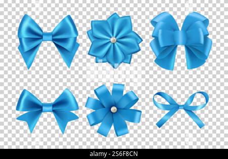 Noeuds satinés bleus. Vecteur d'arcs de ruban de soie avec des perles isolées sur fond transparent. Noeud en satin et décoration en soie à l'illustration de célébration. Noeuds satinés bleus. Vecteur d'arcs de ruban de soie avec des perles isolées sur fond transparent Illustration de Vecteur