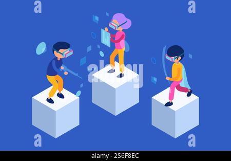 VR People. Futurs personnages masculins et féminins jouant dans la technologie immersive des jeux de réalité virtuelle. Caractères vectoriels isométriques modernes. Expérience de simulation d'illustration jouant à un jeu vidéo. VR People. Futurs personnages masculins et féminins jouant dans la technologie immersive des jeux de réalité virtuelle. Caractères vectoriels isométriques modernes Illustration de Vecteur