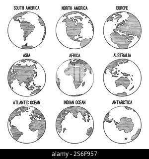 Globe terrestre gribouillé. Planète carte esquissée amérique inde afrique continents vecteurs illustrations dessinées à la main. Globe monde terre, amérique, afrique, continent dans le monde entier. Globe terrestre gribouillé. Planète carte esquissée amérique inde afrique continents vecteurs illustrations dessinées à la main Illustration de Vecteur