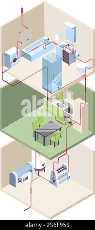 Installation de tuyaux. Crossection de maison avec des tuyaux d'eau chaude et froide vecteur isométrique de systèmes modernes. Section transversale de canalisation, illustration de l'installation de construction. Installation de tuyaux. Crossection de maison avec des tuyaux d'eau chaude et froide vecteur isométrique de systèmes modernes Illustration de Vecteur