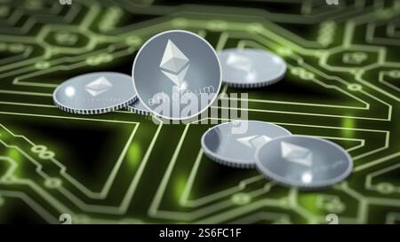 rendu 3d d'un certain ethereum coins sur un fond électronique sombre Banque D'Images