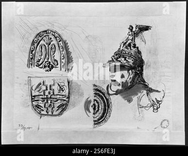 Giuseppe Cades - feuille d'un carnet de croquis, boucliers, casque Banque D'Images