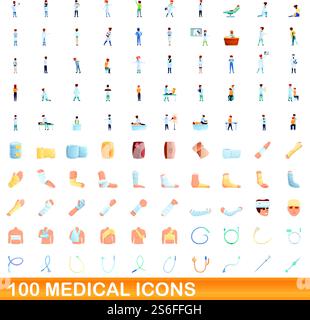 jeu de 100 icônes médicales. Illustration de dessin animé de 100 icônes médicales ensemble de vecteur isolé sur fond blanc. ensemble de 100 icônes médicales, style cartoon Illustration de Vecteur