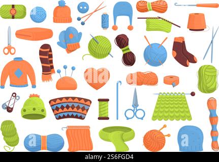 Jeu d'icônes de tricotage. Ensemble de dessins animés d'icônes vectorielles de tricotage pour la conception de sites Web. Icônes de tricot définies, style de dessin animé Illustration de Vecteur