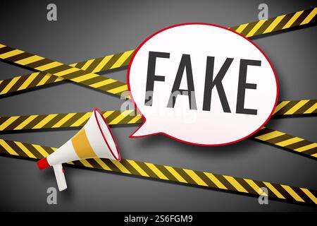 Illustration 3D d'un mégaphone et d'une bulle de parole avec le message faux Banque D'Images