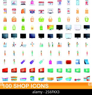 jeu d'icônes de magasin 100. Illustration de dessin animé de 100 icônes de magasin ensemble de vecteur isolé sur fond blanc. 100 icônes de boutique ensemble, style de dessin animé Illustration de Vecteur