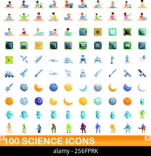 ensemble de 100 icônes scientifiques. Illustration de dessin animé de 100 icônes scientifiques ensemble de vecteur isolé sur fond blanc. 100 icônes scientifiques définies, style de dessin animé Illustration de Vecteur