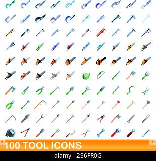 jeu de 100 icônes d'outils. Illustration de dessin animé de 100 icônes d'outils ensemble de vecteur isolé sur fond blanc. 100 icônes d'outils définies, style de dessin animé Illustration de Vecteur
