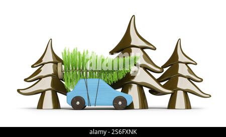 Acheter un arbre de noël avec une illustration 3d de voiture bleue Banque D'Images