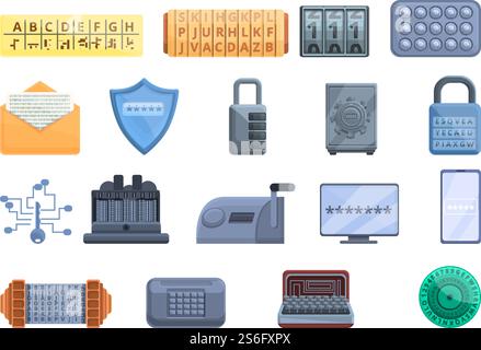 Icônes de chiffrement définies. Ensemble de dessins animés d'icônes vectorielles de chiffrement pour la conception Web. Icônes de chiffrement définies, style de dessin animé Illustration de Vecteur