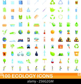 ensemble de 100 icônes écologiques. Illustration de dessin animé de 100 icônes d'écologie ensemble de vecteur isolé sur fond blanc. 100 icônes d'écologie définies, style de dessin animé Illustration de Vecteur