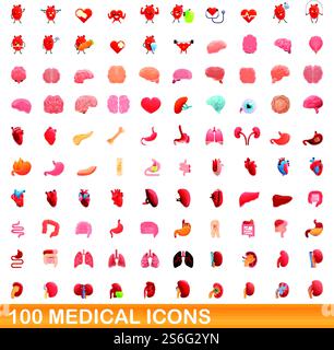 jeu de 100 icônes médicales. Illustration de dessin animé de 100 icônes médicales ensemble de vecteur isolé sur fond blanc. ensemble de 100 icônes médicales, style cartoon Illustration de Vecteur