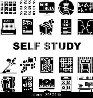 Collection de leçons d'auto-apprentissage icônes définir le vecteur. Auto-étude livres audio et leçons vidéo, jeu d'échecs et de mots croisés, modélisation et IQ test Glyph pictogrammes illustrations noires. Collection de leçons d'auto-apprentissage icônes définir le vecteur Illustration de Vecteur