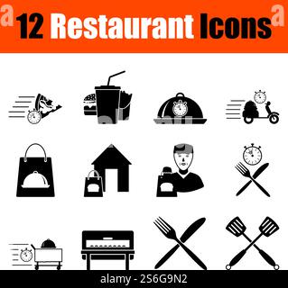 Ensemble d'icônes de restaurant. Joli et doux motif glyphe. Illustration vectorielle entièrement modifiable. Texte développé. Illustration de Vecteur