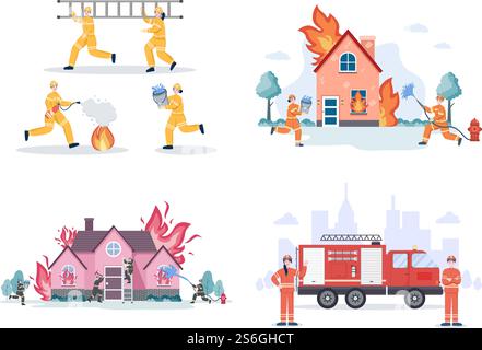 Pompiers avec des moteurs d'incendie de maison, aider les gens et les animaux, utilisant l'équipement de sauvetage dans diverses situations. Illustration vectorielle Illustration de Vecteur