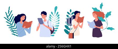 Lire les gens. Hommes femmes avec des livres, étudiants apprenant. Concept d'enseignement vectoriel. Illustration homme et femme apprenant et lisant. Lire les gens. Hommes femmes avec des livres, étudiants apprenant. Concept d'enseignement vectoriel Illustration de Vecteur
