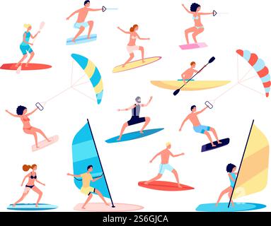 Sports nautiques. Canoës, style de vie marin extrême. Surf et planche à voile, activités de plein air océaniques récréatives. Ensemble de vecteur de loisirs d'été. Planche à voile surfeur voile, illustration de plein air sportif. Sports nautiques. Canoës, style de vie marin extrême. Surf et planche à voile, activités de plein air océaniques récréatives. Ensemble de vecteur de loisirs d'été Illustration de Vecteur
