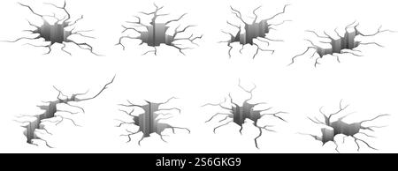 Fissures dues au tremblement de terre. Mur en béton fissuré. Trous isolés détruits à la surface du sol. Illustration vectorielle de rupture de terre ou de destruction abstraite. Tremblement de terre, fissure de la surface du mur, accident au sol. Fissures dues au tremblement de terre. Mur en béton fissuré. Trous isolés détruits à la surface du sol. Illustration vectorielle de rupture de terre ou de destruction abstraite Illustration de Vecteur