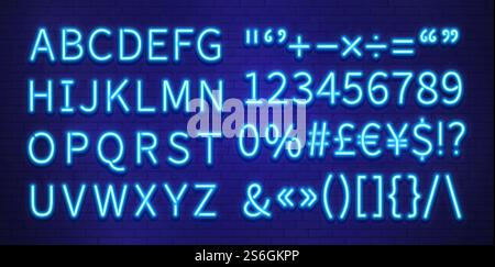 Police néon. lettres bleues numéros marques sur le mur de briques. typographie lumineuse colorée, abc futuriste. illustration vectorielle d'alphabet de police décorative. Lettre alphabet électricité allumée, chiffre allumé. Police néon. lettres bleues numéros marques sur le mur de briques. typographie lumineuse colorée, abc futuriste. illustration vectorielle d'alphabet de police décorative Illustration de Vecteur