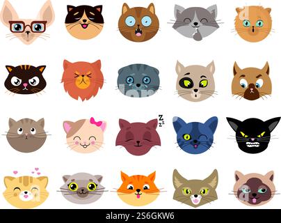 Avatars de chats. Visages de chat plats. Têtes de chaton isolées avec des yeux. Animaux personnages emoji drôles, autocollants émoticônes. Illustration vectorielle clipart animal mignon. Visage d'avatar de chat, tête d'animal de dessin animé de set. Avatars de chats. Visages de chat plats. Têtes de chaton isolées avec des yeux. Animaux personnages emoji drôles, autocollants émoticônes. Doodle peluche mignon animal de compagnie illustration vectorielle clipart Illustration de Vecteur