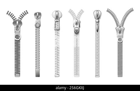 Fermetures éclair argentées. Traction métallique réaliste isolée. Attaches en tissu, accessoires pour jeans, sacs, manteaux et bottes. Ensemble vectoriel d'éléments de vêtements. Fermeture à glissière et accessoires serrure illustration en métal. Fermetures éclair argentées. Traction métallique réaliste isolée. Attaches en tissu, accessoires pour jeans, sacs, manteaux et bottes. Ensemble vectoriel d'éléments de vêtements Illustration de Vecteur