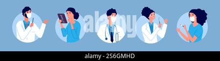 Les avatars des médecins infirmiers. Personnel médical, équipe hospitalière soignante en masques de protection. Thérapeute, chirurgien et dentiste. Personnes en clinique, illustration vectorielle d'urgence. Avatar infirmière, chirurgien spécialiste. Les avatars des médecins infirmiers. Personnel médical, équipe hospitalière soignante en masques de protection. Thérapeute plat, chirurgien et dentiste. Personnes travaillant en clinique, illustration vectorielle d'urgence Illustration de Vecteur