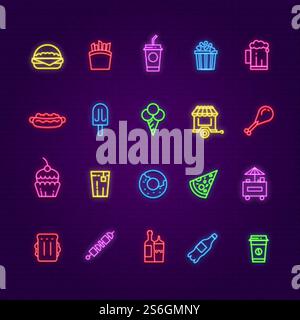 Icônes de néon alimentaire. Hamburger, crème glacée et boissons, hot dog et signe de couleur pizza. Symboles vectoriels lumineux de bar ou de restaurant ou de café de nuit. Illustration de hamburger alimentaire néon, boisson et hamburger. Icônes de néon alimentaire. Hamburger, crème glacée et boissons, hot dog et signe de couleur pizza. Symboles vectoriels lumineux de bar ou de restaurant ou de café de nuit Illustration de Vecteur